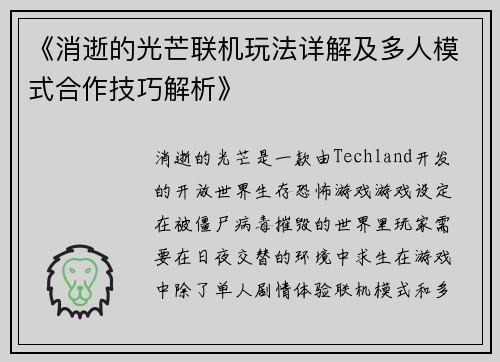 《消逝的光芒联机玩法详解及多人模式合作技巧解析》